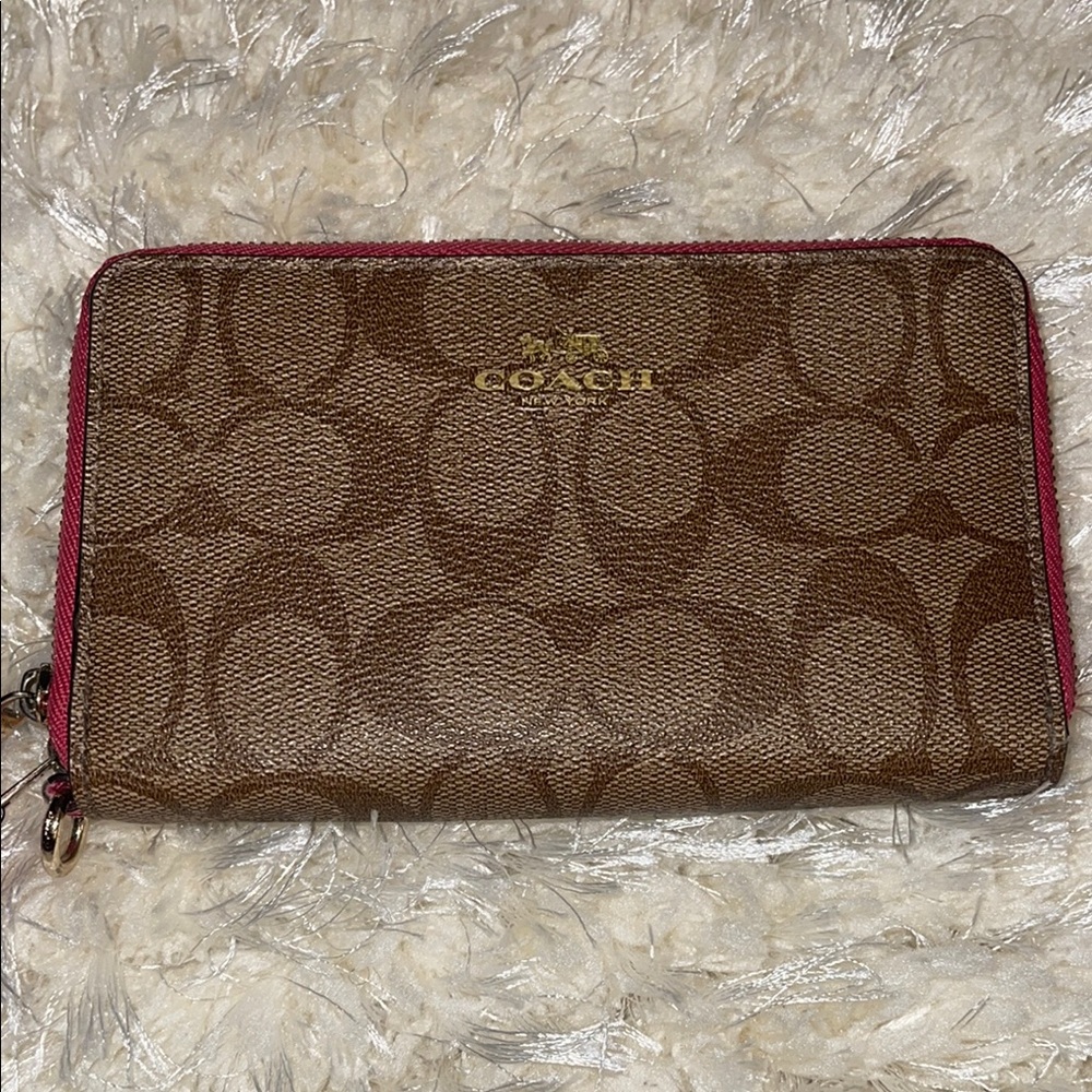 Coach Brown and Pink Wallet with Signature Monogram and Double Zipper - Picture 2 of 7